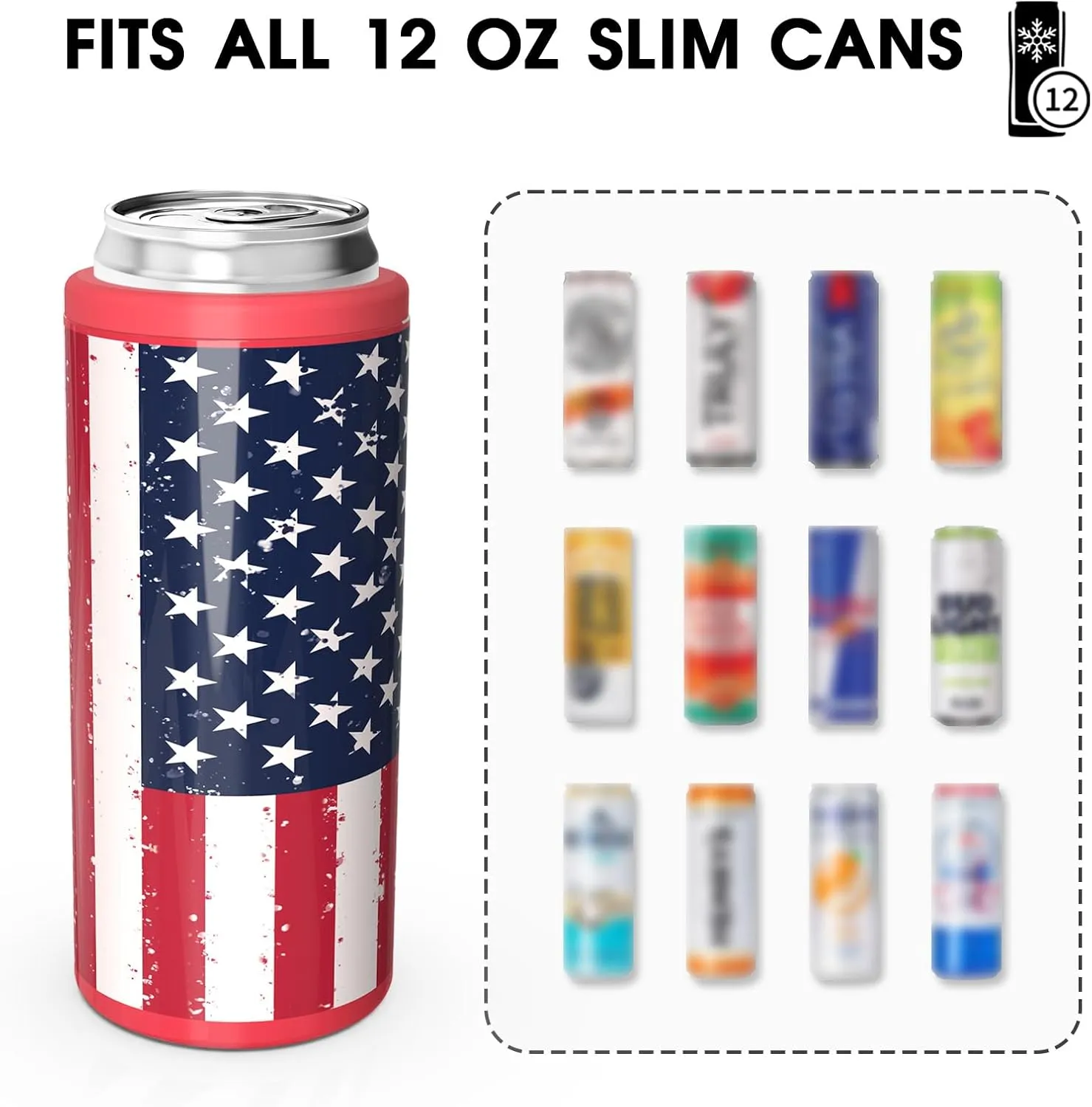 TILUCK Skinny Can Cooler for Slim Beer & Hard Seltzer, Stainless Steel, Doucle-Walled Stainless Steel Insulated Slim Cans, Standard 12 oz (U.S. Flag-01)