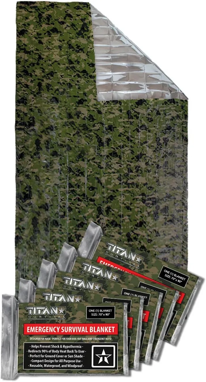 TITAN Survival - Mylar Survival Blankets 5 Pack - 90% Heat Retention & Waterproof Design - Emergency Blanket Cold Weather Protection & Survival Kits - Durable Space Blanket for Outdoor Use