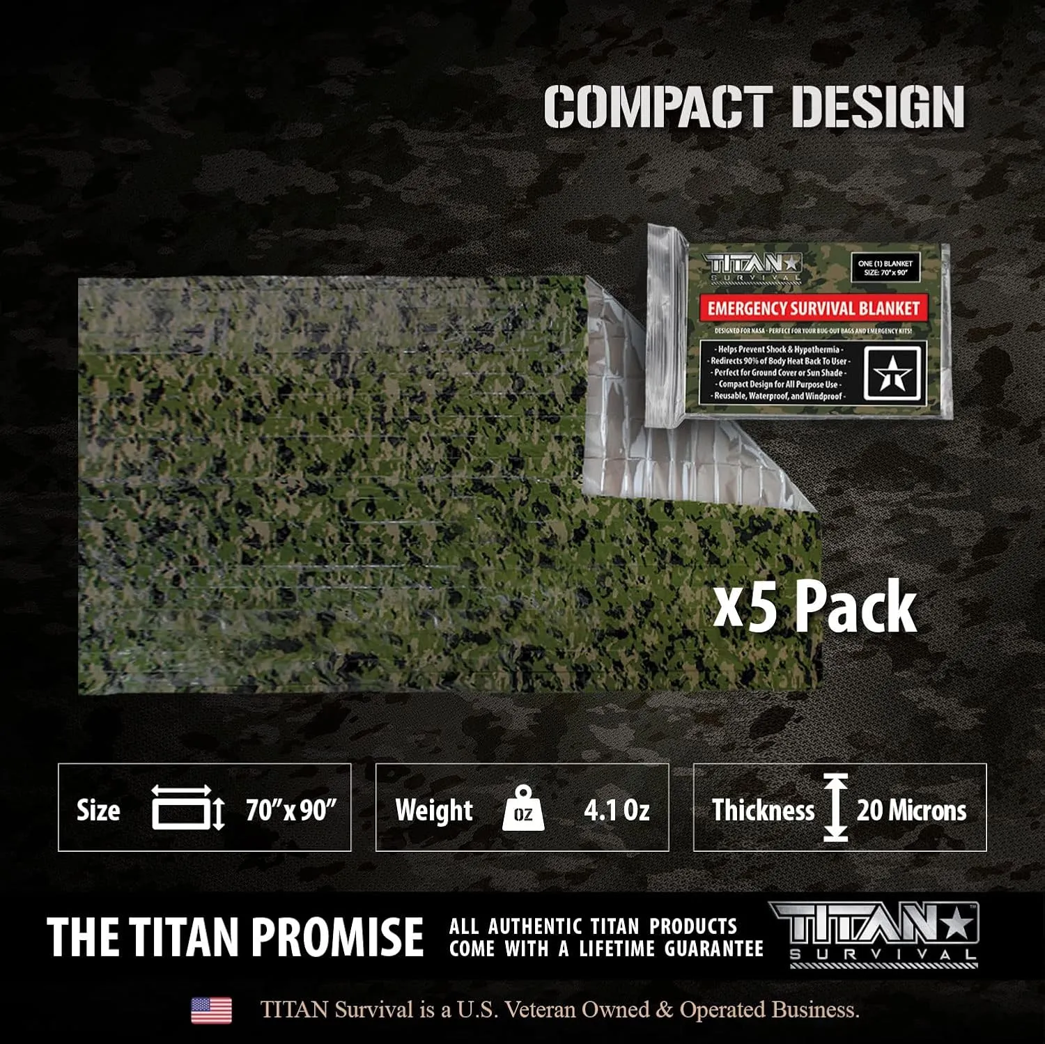 TITAN Survival - Mylar Survival Blankets 5 Pack - 90% Heat Retention & Waterproof Design - Emergency Blanket Cold Weather Protection & Survival Kits - Durable Space Blanket for Outdoor Use