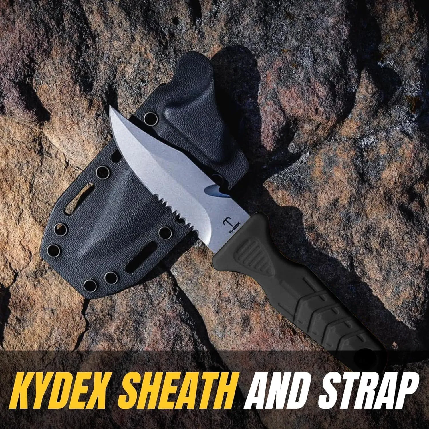 Titanium Survival Scuba Diving Fixed Blade Knife with Sheath & Straps - Holster on Divers BCD, Thigh/Leg, GC Belt Buckle or Wrist, Cutting, Serrated Edge & Line Cutter (Black Drop Point)