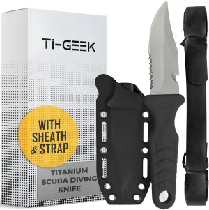 Titanium Survival Scuba Diving Fixed Blade Knife with Sheath & Straps - Holster on Divers BCD, Thigh/Leg, GC Belt Buckle or Wrist, Cutting, Serrated Edge & Line Cutter (Black Drop Point)