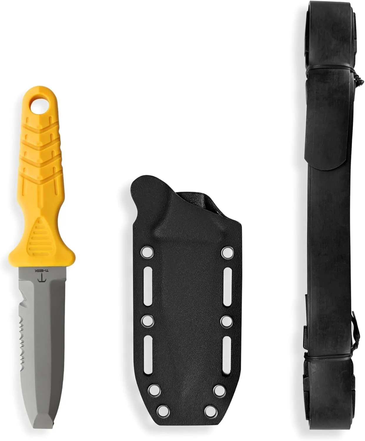 Titanium Survival Scuba Diving Fixed Blade Knife with Sheath & Straps - Holster on Divers BCD, Thigh/Leg, GC Belt Buckle or Wrist, Cutting, Serrated Edge & Line Cutter - Yellow Blunt Tip