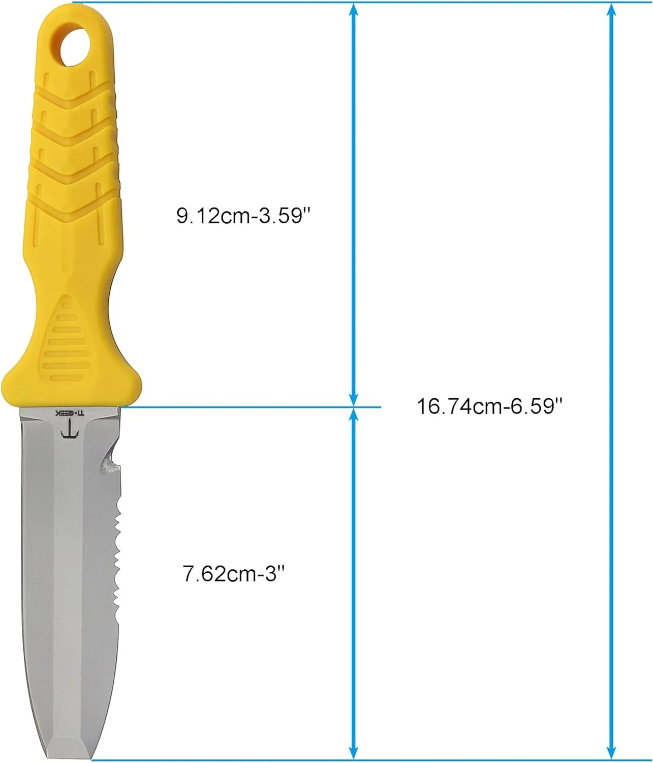 Titanium Survival Scuba Diving Fixed Blade Knife with Sheath & Straps - Holster on Divers BCD, Thigh/Leg, GC Belt Buckle or Wrist, Cutting, Serrated Edge & Line Cutter - Yellow Blunt Tip