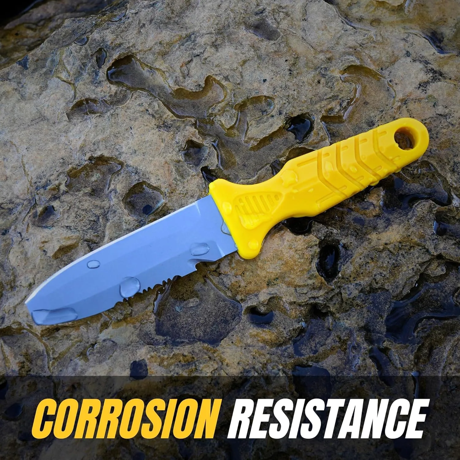 Titanium Survival Scuba Diving Fixed Blade Knife with Sheath & Straps - Holster on Divers BCD, Thigh/Leg, GC Belt Buckle or Wrist, Cutting, Serrated Edge & Line Cutter - Yellow Blunt Tip