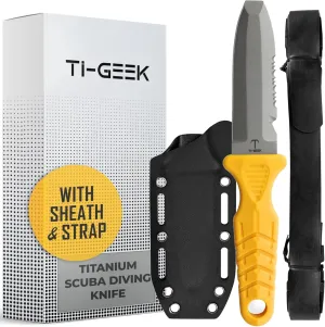 Titanium Survival Scuba Diving Fixed Blade Knife with Sheath & Straps - Holster on Divers BCD, Thigh/Leg, GC Belt Buckle or Wrist, Cutting, Serrated Edge & Line Cutter - Yellow Blunt Tip