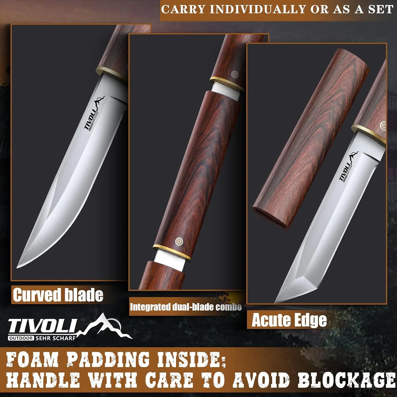 TIVOLI Samurai Knives 2 in 1, Japanese High Carbon Steel Double Blades Hunting Knife,Fixed Blade Bushcraft Knife for Camping, Survival, Outdoors, Ideal Gift for Man