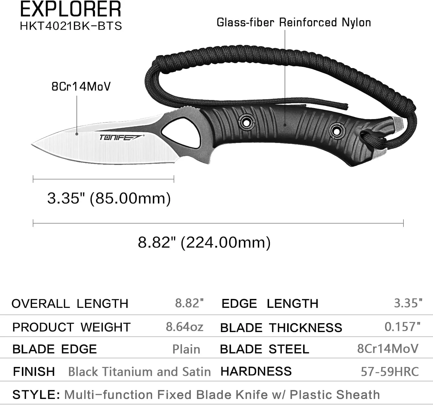 TONIFE Explorer Fixed Blade Knife with Sheath 8Cr14moV Multifunctional Survival Knife Blade with Fiberglass Reinforced Nylon Handle for Outdoor EDC Knife