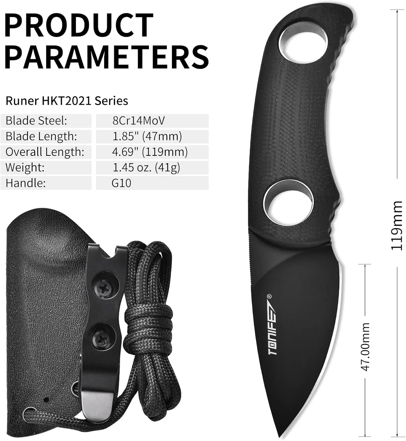 TONIFE Fixed Blade Knife 4.8cm, Mini Neck Knife with Kydex Sheath and Cord, EDC Portable Fixed Knife for Outdoor Survival