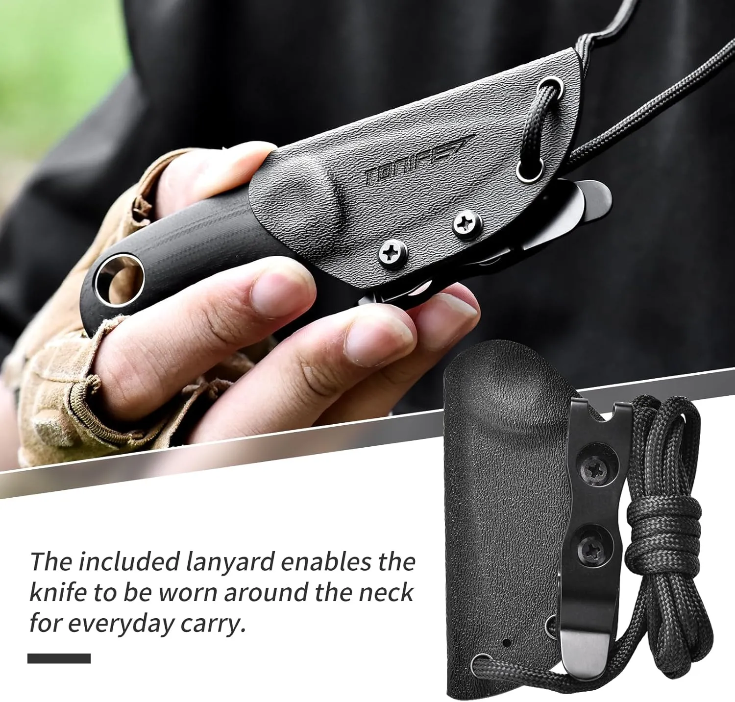TONIFE Fixed Blade Knife 4.8cm, Mini Neck Knife with Kydex Sheath and Cord, EDC Portable Fixed Knife for Outdoor Survival