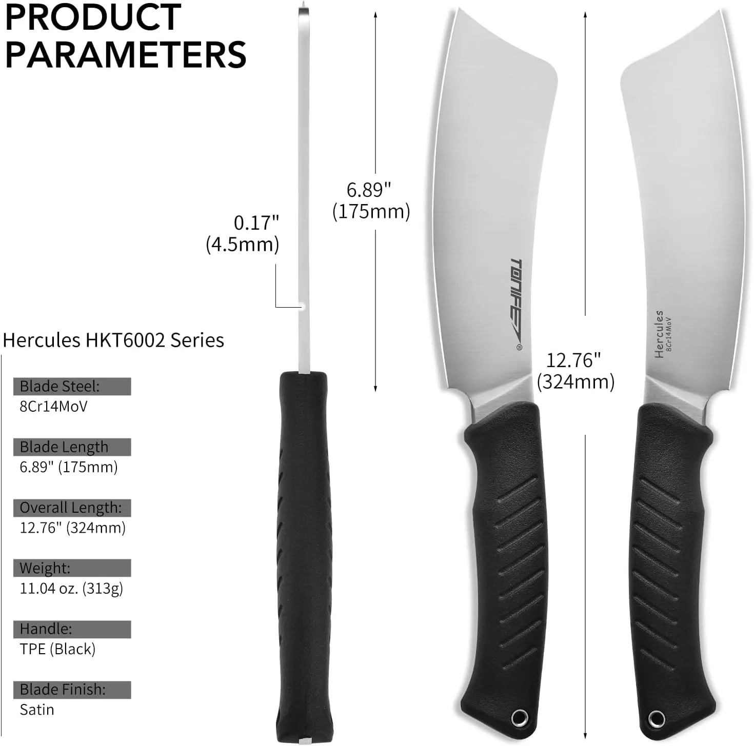 TONIFE Hercules Full Tang Knife Fixed Blade Knife with Sheath and Paracord, Bushcraft with 8Cr14MoV Chopping Blade for Outdoor Camping Survival