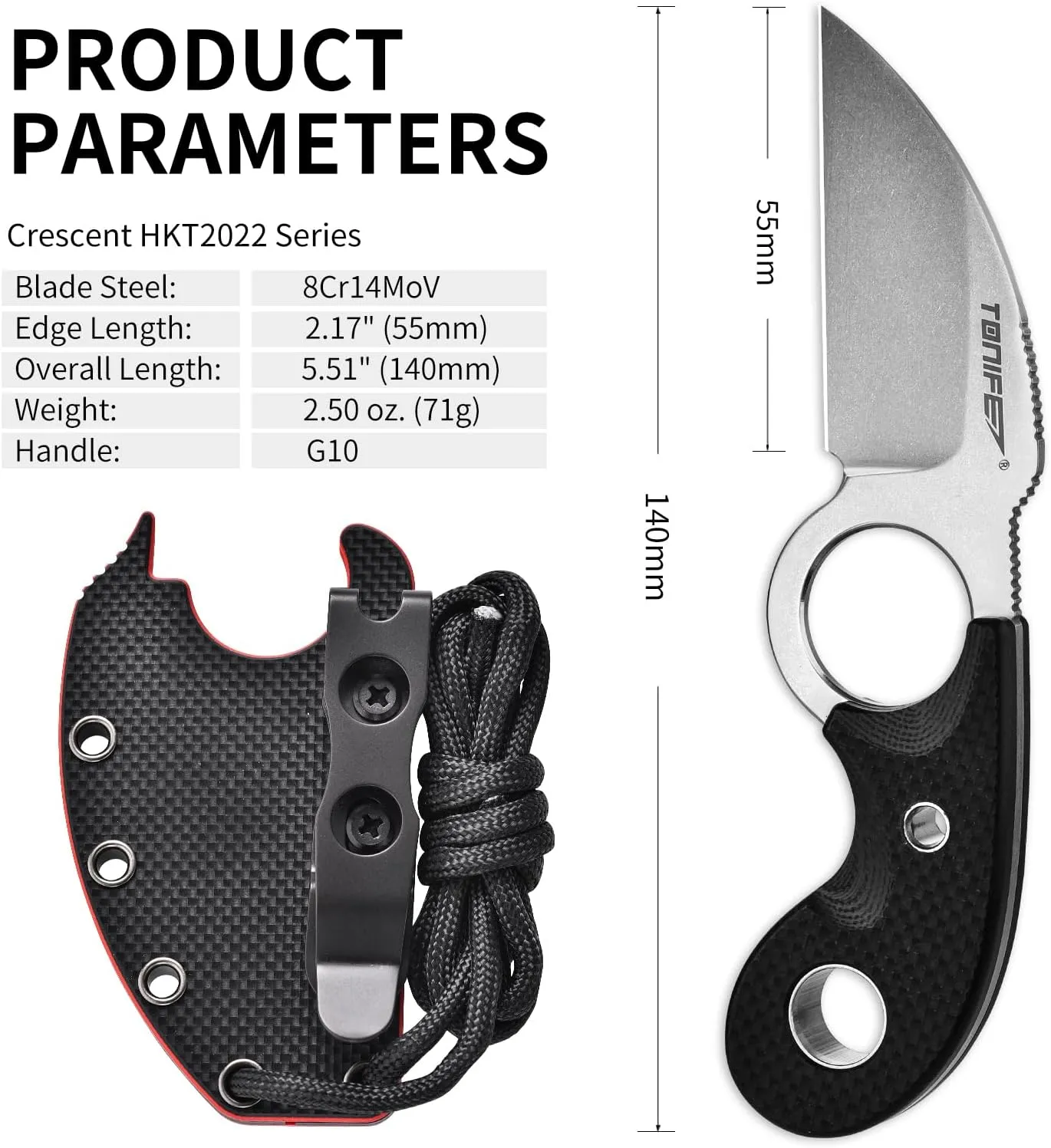 TONIFE Small Fixed Blade Knife Full Tang EDC Camping with Sheath Lanyard and Clip, Blade Length 2.17",2.5 oz.with Sheath (Black - Stonewash)