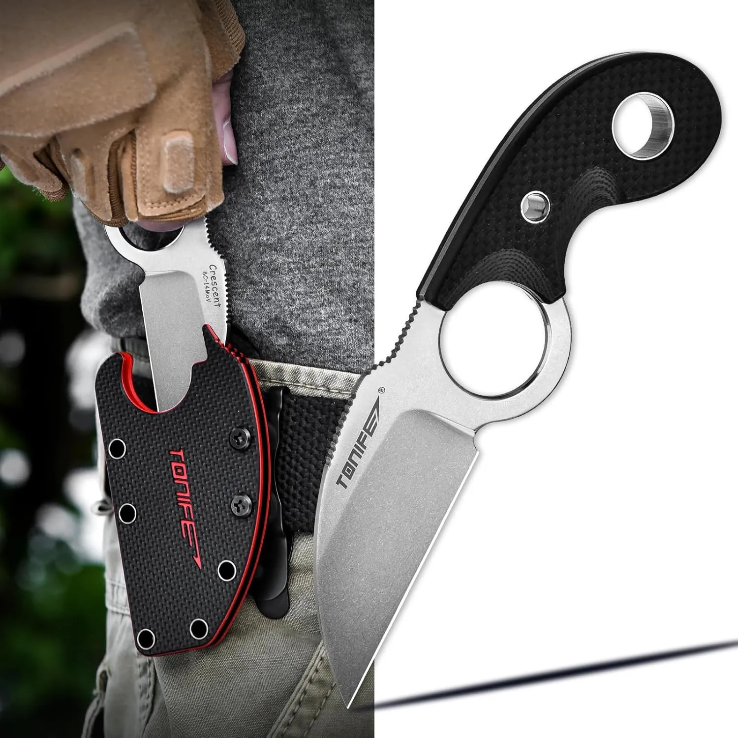 TONIFE Small Fixed Blade Knife Full Tang EDC Camping with Sheath Lanyard and Clip, Blade Length 2.17",2.5 oz.with Sheath (Black - Stonewash)