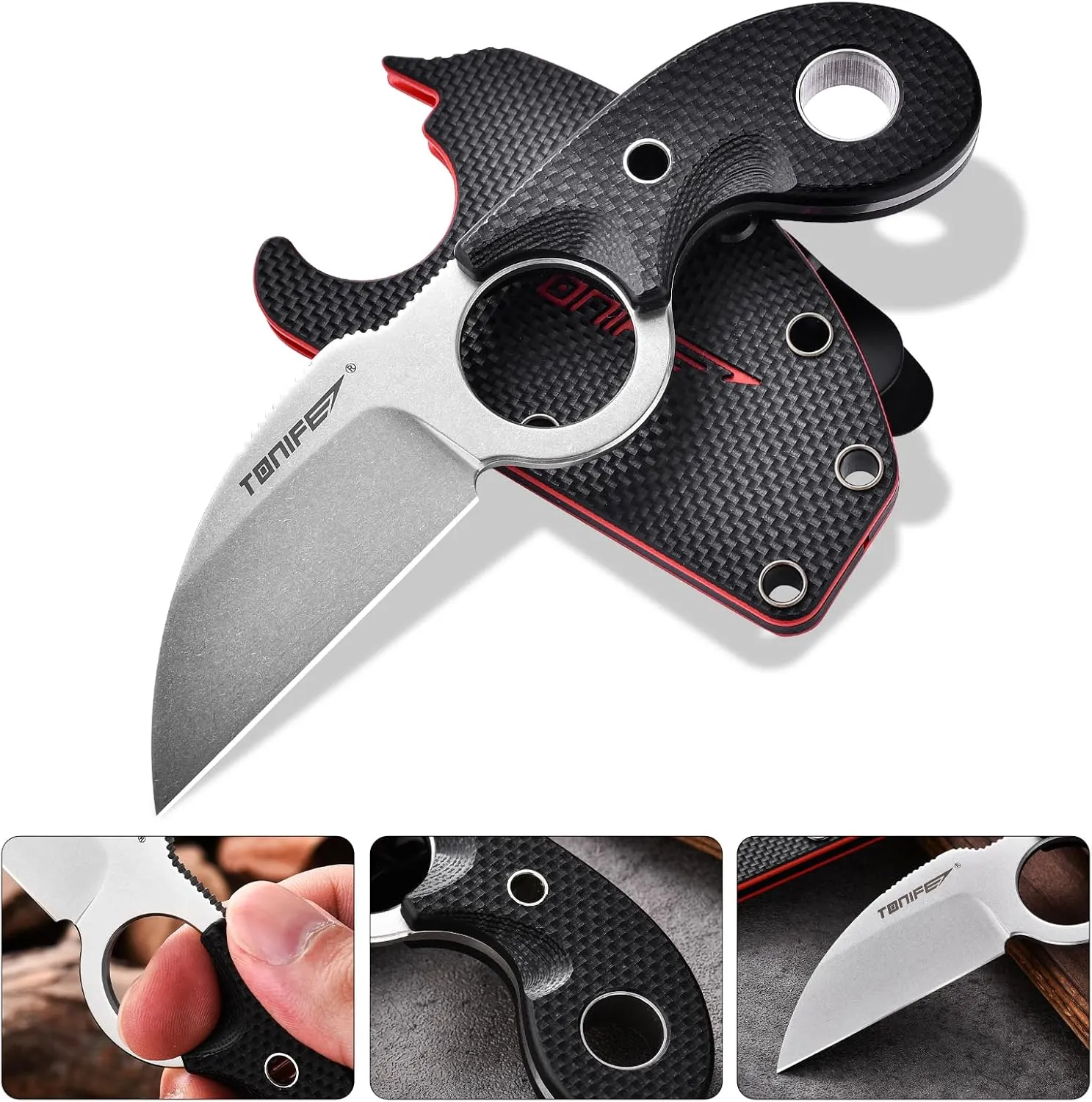 TONIFE Small Fixed Blade Knife Full Tang EDC Camping with Sheath Lanyard and Clip, Blade Length 2.17",2.5 oz.with Sheath (Black - Stonewash)