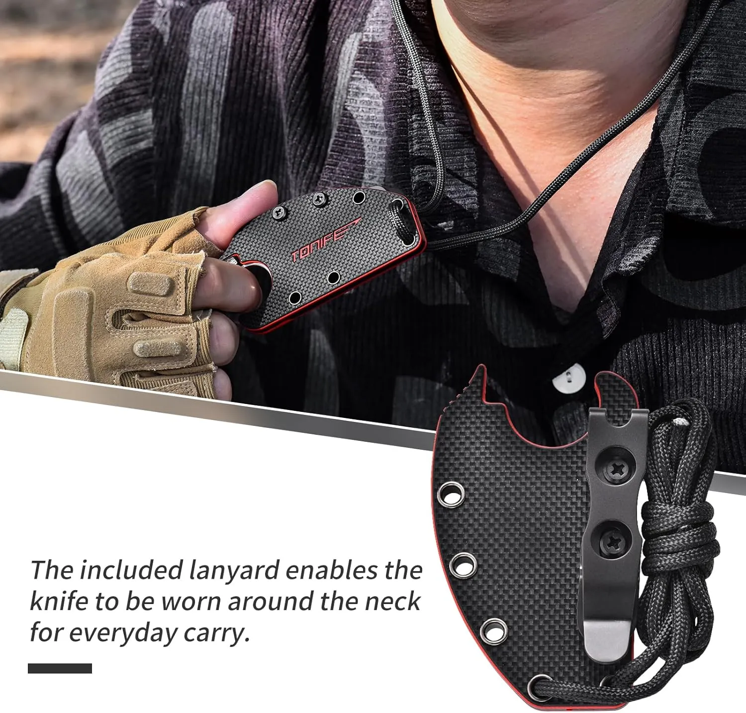 TONIFE Small Fixed Blade Knife Full Tang EDC Camping with Sheath Lanyard and Clip, Blade Length 2.17",2.5 oz.with Sheath (Black - Stonewash)