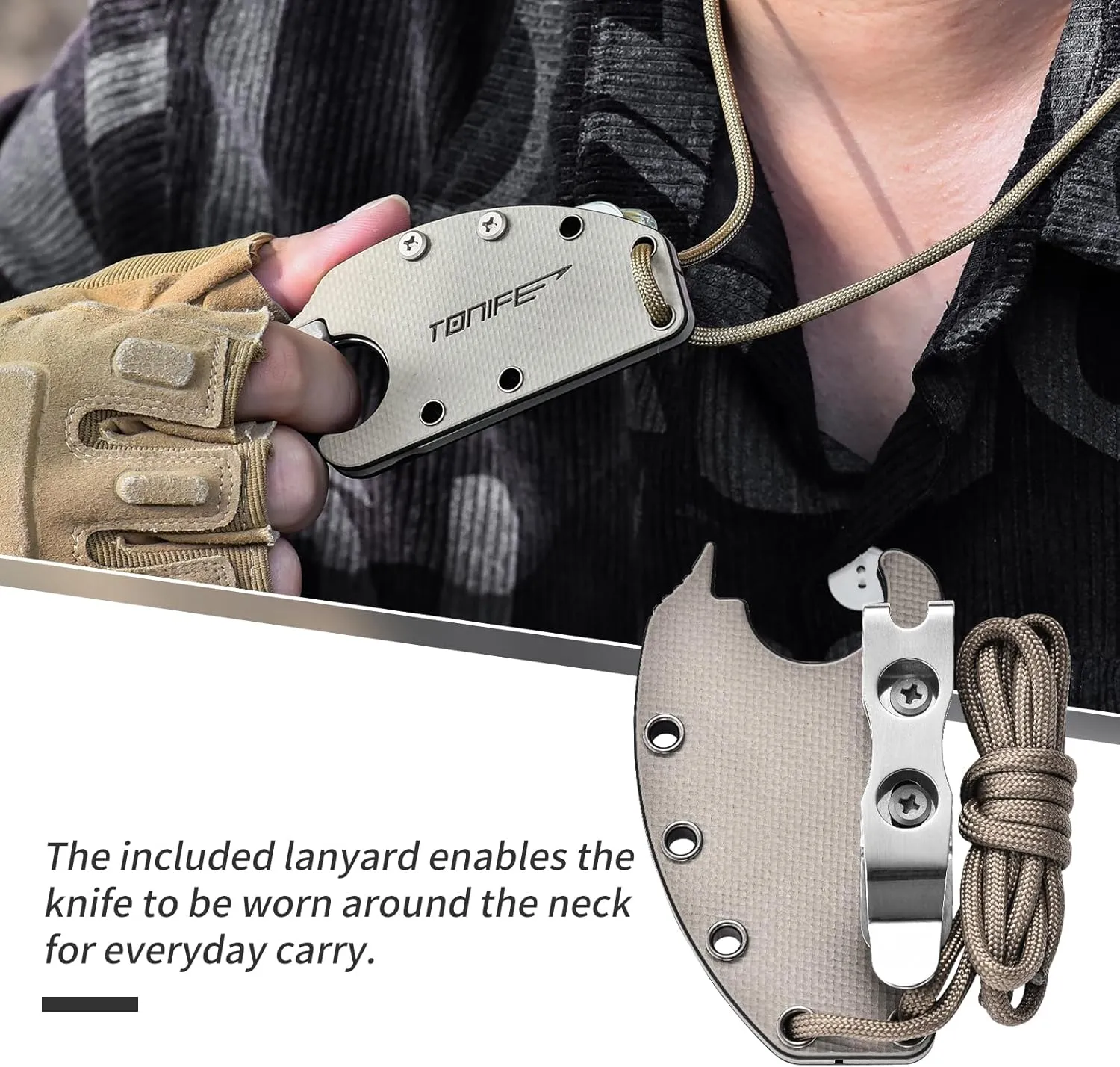 TONIFE Small Fixed Blade Knife Full Tang EDC Camping with Sheath Lanyard and Clip, Blade Length 2.17",2.5 oz.with Sheath (Warm Sand - Black Oxide then Stonewash)