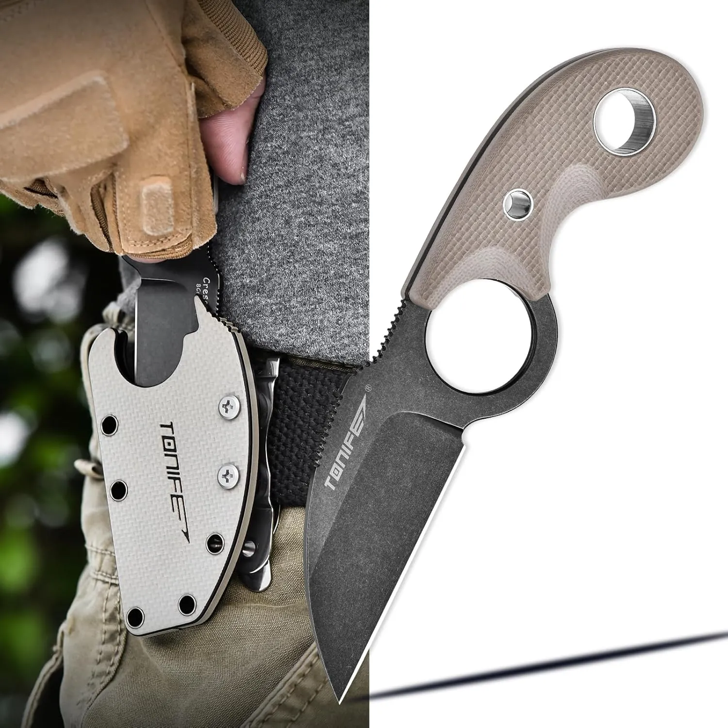 TONIFE Small Fixed Blade Knife Full Tang EDC Camping with Sheath Lanyard and Clip, Blade Length 2.17",2.5 oz.with Sheath (Warm Sand - Black Oxide then Stonewash)