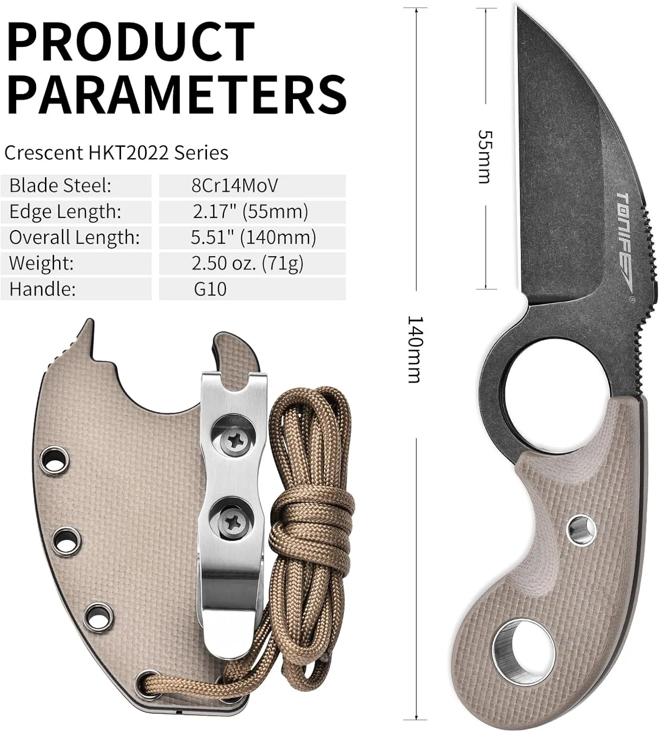 TONIFE Small Fixed Blade Knife Full Tang EDC Camping with Sheath Lanyard and Clip, Blade Length 2.17",2.5 oz.with Sheath (Warm Sand - Black Oxide then Stonewash)