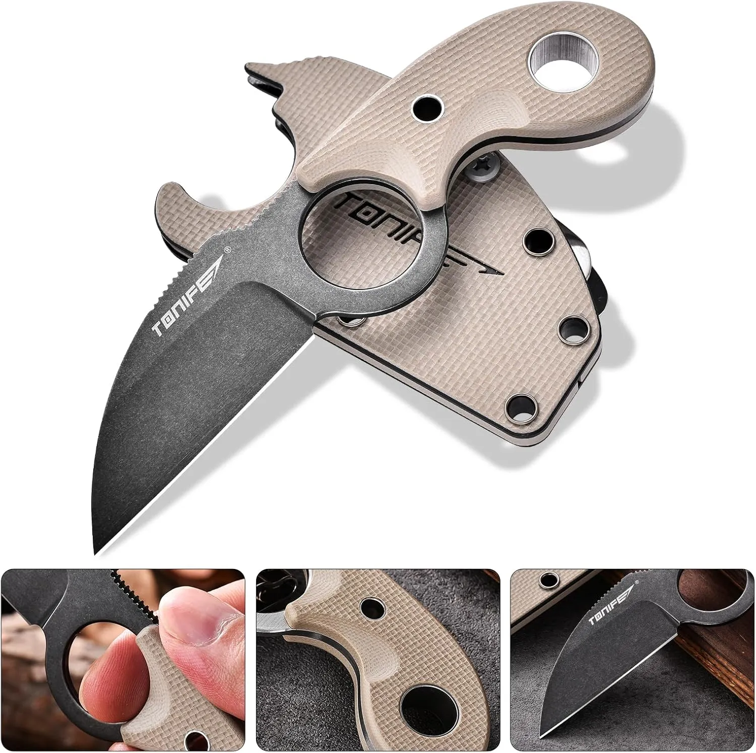 TONIFE Small Fixed Blade Knife Full Tang EDC Camping with Sheath Lanyard and Clip, Blade Length 2.17",2.5 oz.with Sheath (Warm Sand - Black Oxide then Stonewash)