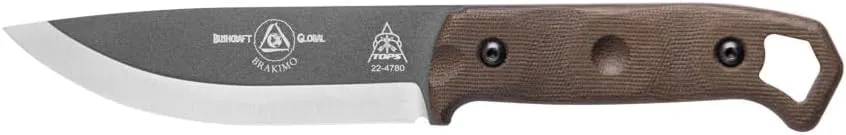 Tops Knives Brakimo Full Tang Fixed Blade- Tungsten Cerakote Finish- Black Kydex Sheath w/Rotating Spring Steel Clip (Green Canvas Micarta Handle)