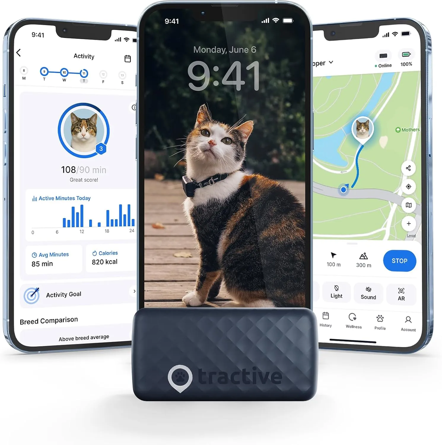 Tractive GPS Cat Tracker (6.5 lbs ), Real-time Pet Location Tracker, Health & Wellness Alerts, Battery Life Up to 7 Days, Breakaway Cat Collar Included (Dark Blue)