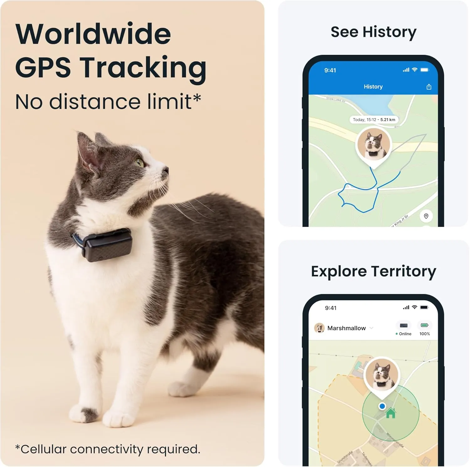 Tractive GPS Cat Tracker (6.5 lbs ), Real-time Pet Location Tracker, Health & Wellness Alerts, Battery Life Up to 7 Days, Breakaway Cat Collar Included (Dark Blue)