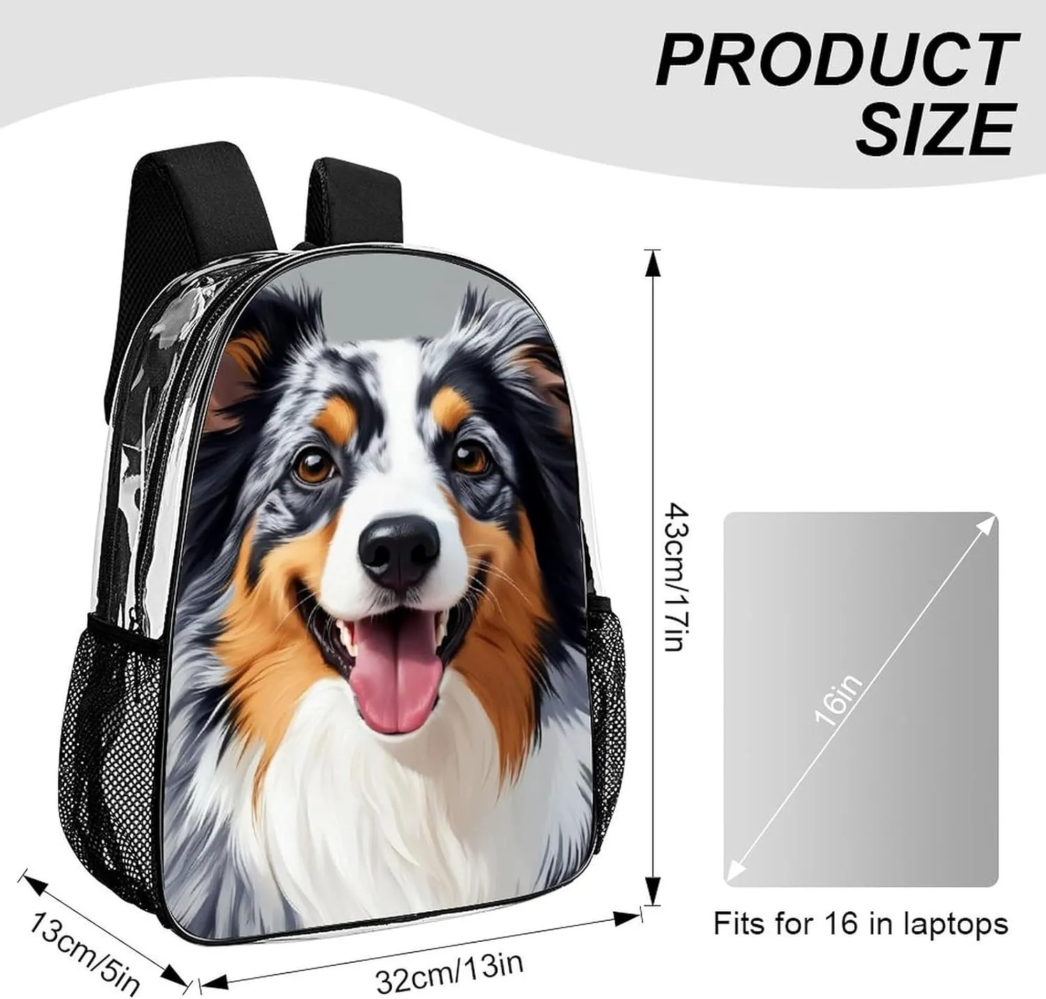 Transparent Daypack Backpack for Climbing Outdoors Running - Big Capacity Multipurpose Anti-Theft Bookbag, Animal Australian Shepherd Travel Hiking & Camping Rucksack