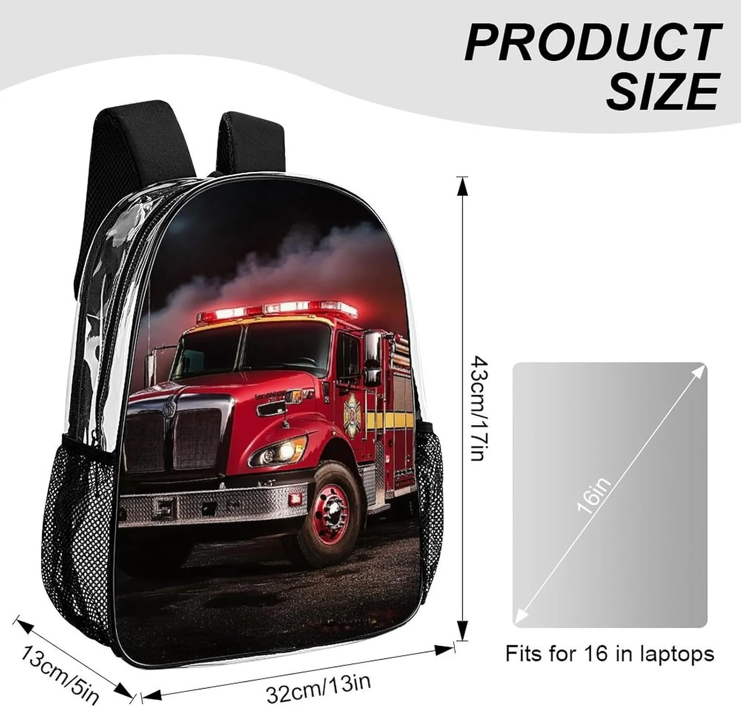 Transparent Daypack Bookbag for Gym Business Bicycle - Large Capacity Multipurpose Anti-Theft Carry On Bag, Fire Truck Travel Hiking Daypack