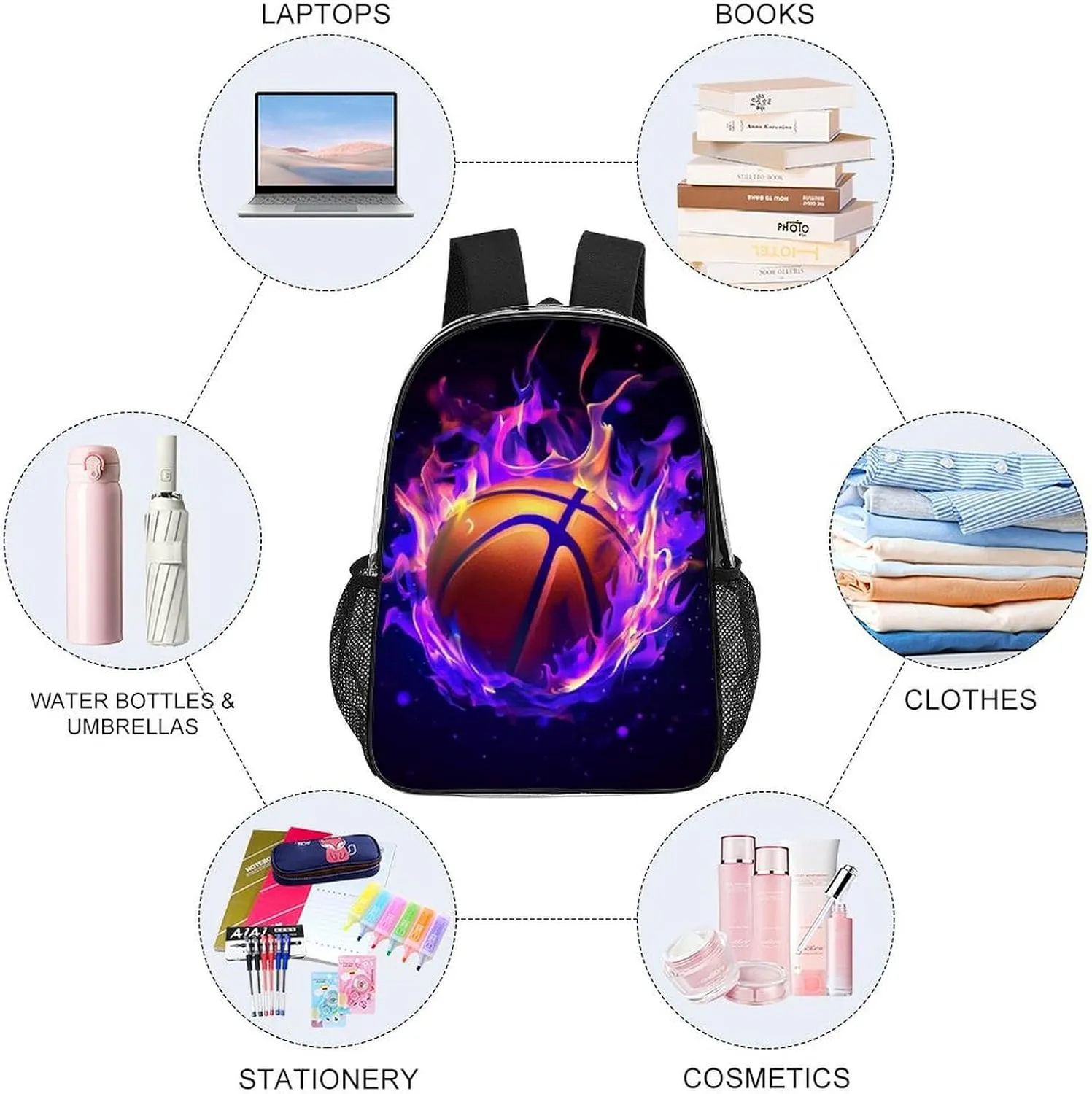 Transparent Daypack for Hiking Work Running - Big Capacity Anti-Theft Multipurpose Shoulder Bag, Cool Purple Fire Flame Basketball Travel and Sport Backpack Rucksack