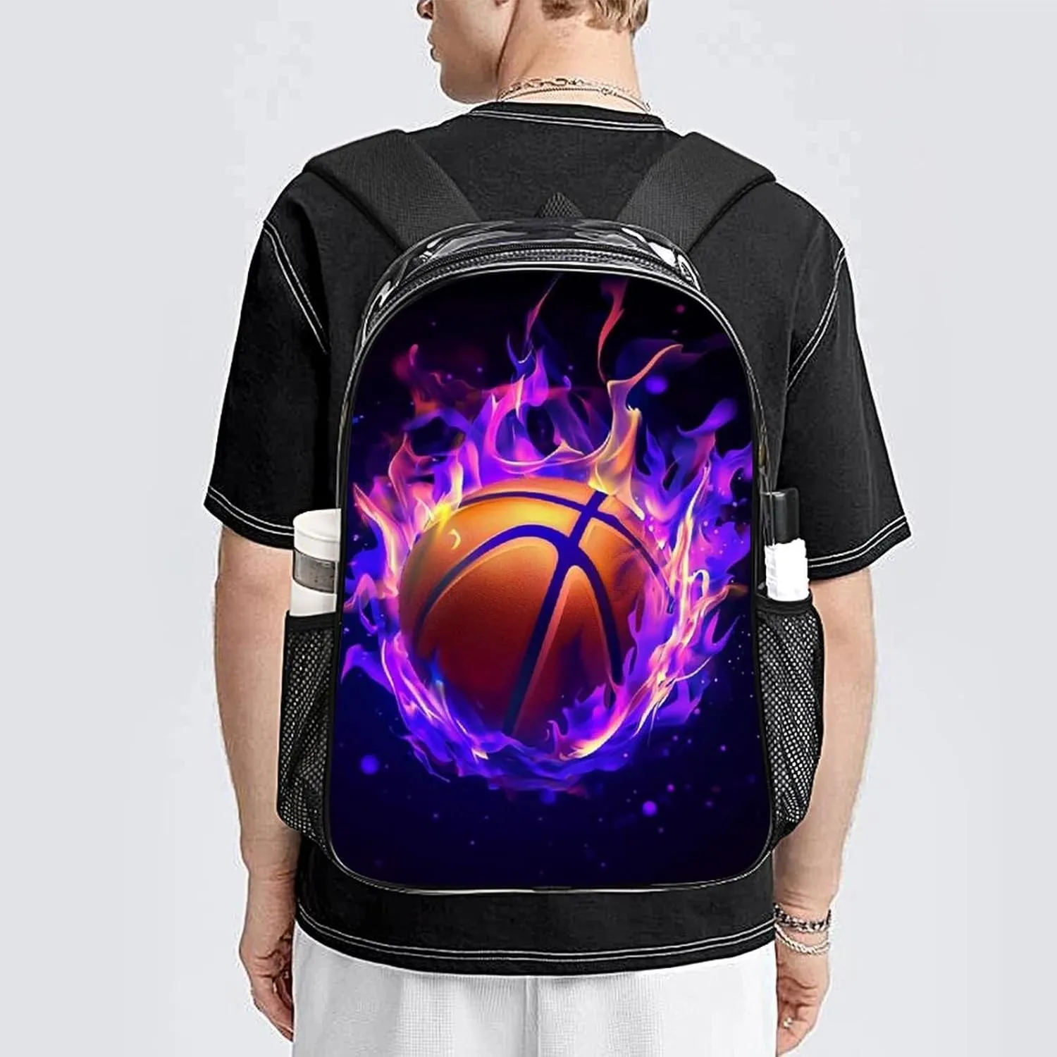 Transparent Daypack for Hiking Work Running - Big Capacity Anti-Theft Multipurpose Shoulder Bag, Cool Purple Fire Flame Basketball Travel and Sport Backpack Rucksack