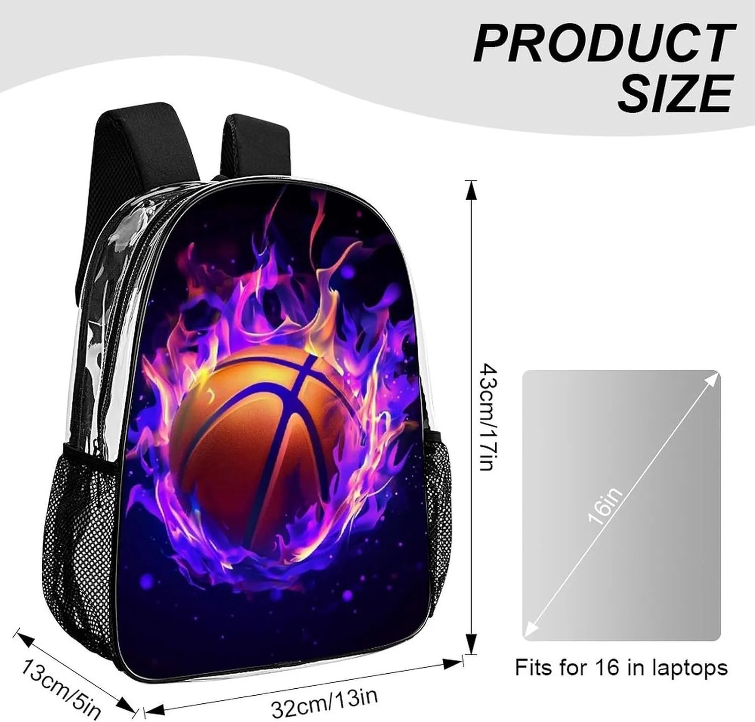 Transparent Daypack for Hiking Work Running - Big Capacity Anti-Theft Multipurpose Shoulder Bag, Cool Purple Fire Flame Basketball Travel and Sport Backpack Rucksack