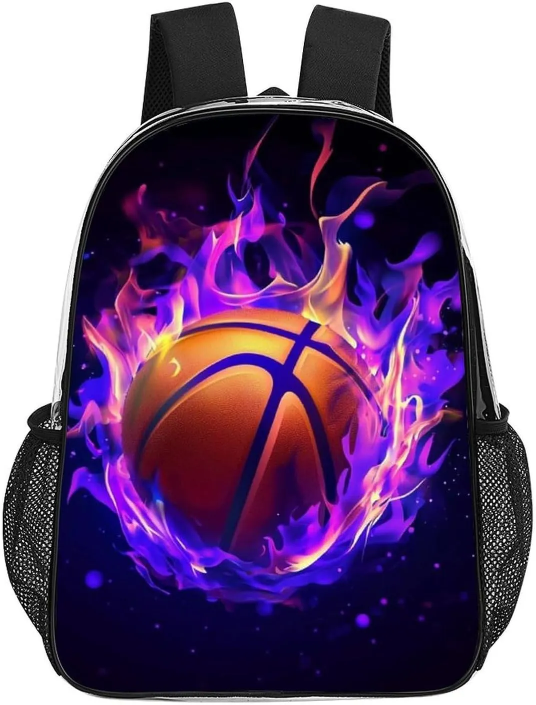 Transparent Daypack for Hiking Work Running - Big Capacity Anti-Theft Multipurpose Shoulder Bag, Cool Purple Fire Flame Basketball Travel and Sport Backpack Rucksack