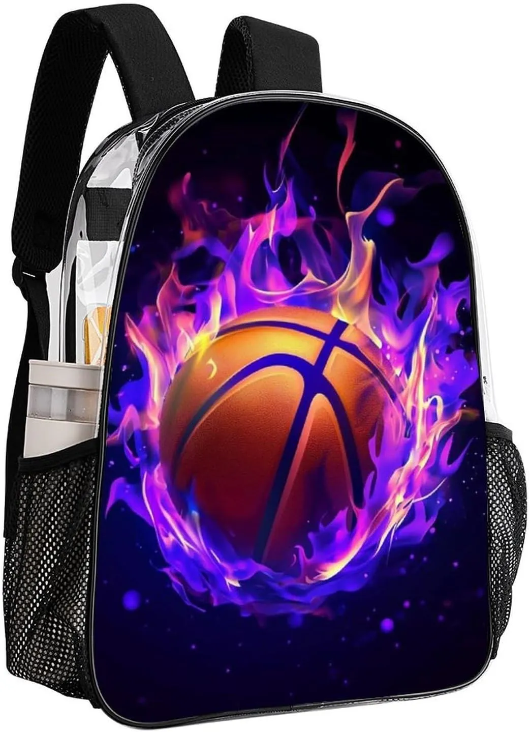 Transparent Daypack for Hiking Work Running - Big Capacity Anti-Theft Multipurpose Shoulder Bag, Cool Purple Fire Flame Basketball Travel and Sport Backpack Rucksack