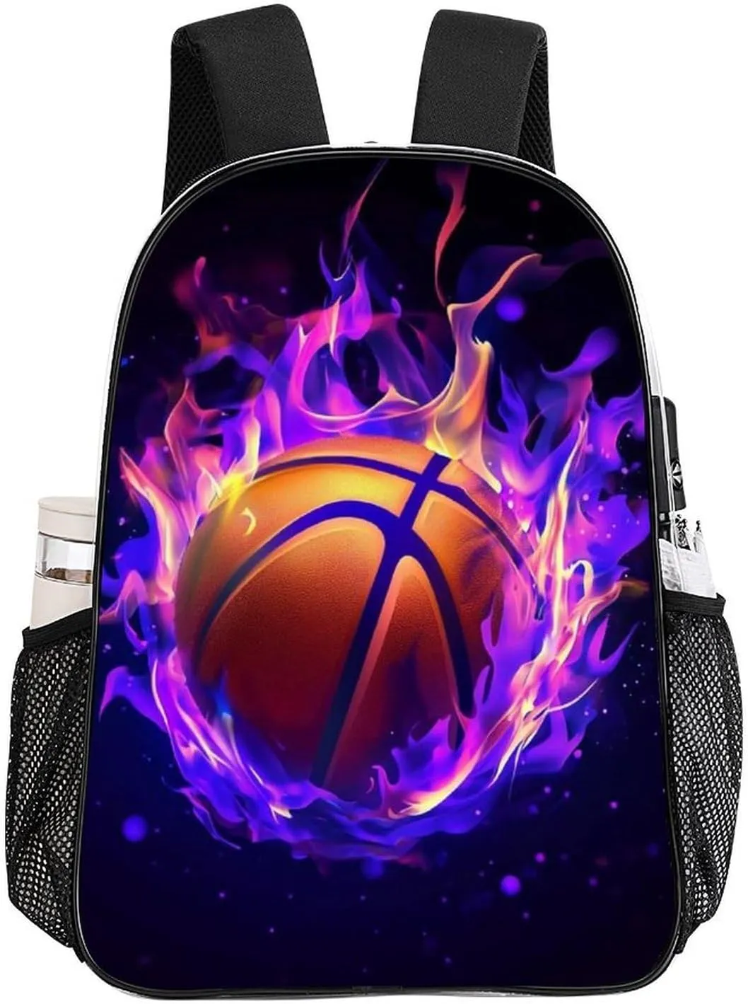 Transparent Daypack for Hiking Work Running - Big Capacity Anti-Theft Multipurpose Shoulder Bag, Cool Purple Fire Flame Basketball Travel and Sport Backpack Rucksack