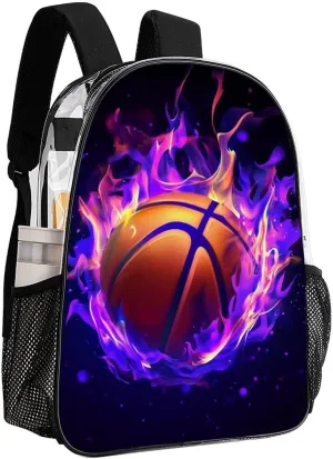 Transparent Daypack for Hiking Work Running - Big Capacity Anti-Theft Multipurpose Shoulder Bag, Cool Purple Fire Flame Basketball Travel and Sport Backpack Rucksack