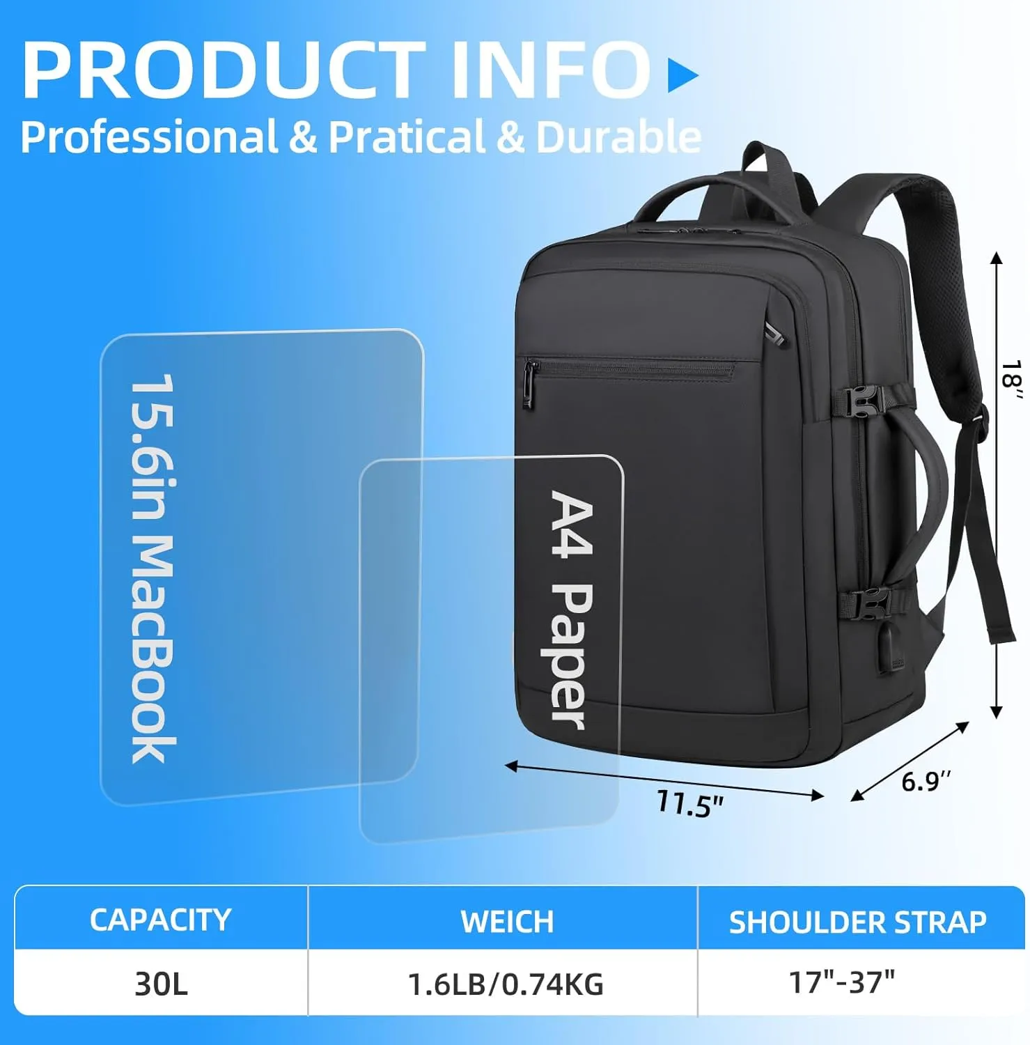 Travel Backpack for Men Women, Carry on Backpack, TSA 17.3 inch Laptop Backpack Flight Approved, Waterproof Personal Item Travel Bag, Business Work Weekender Bag Daypack Luggage - Black