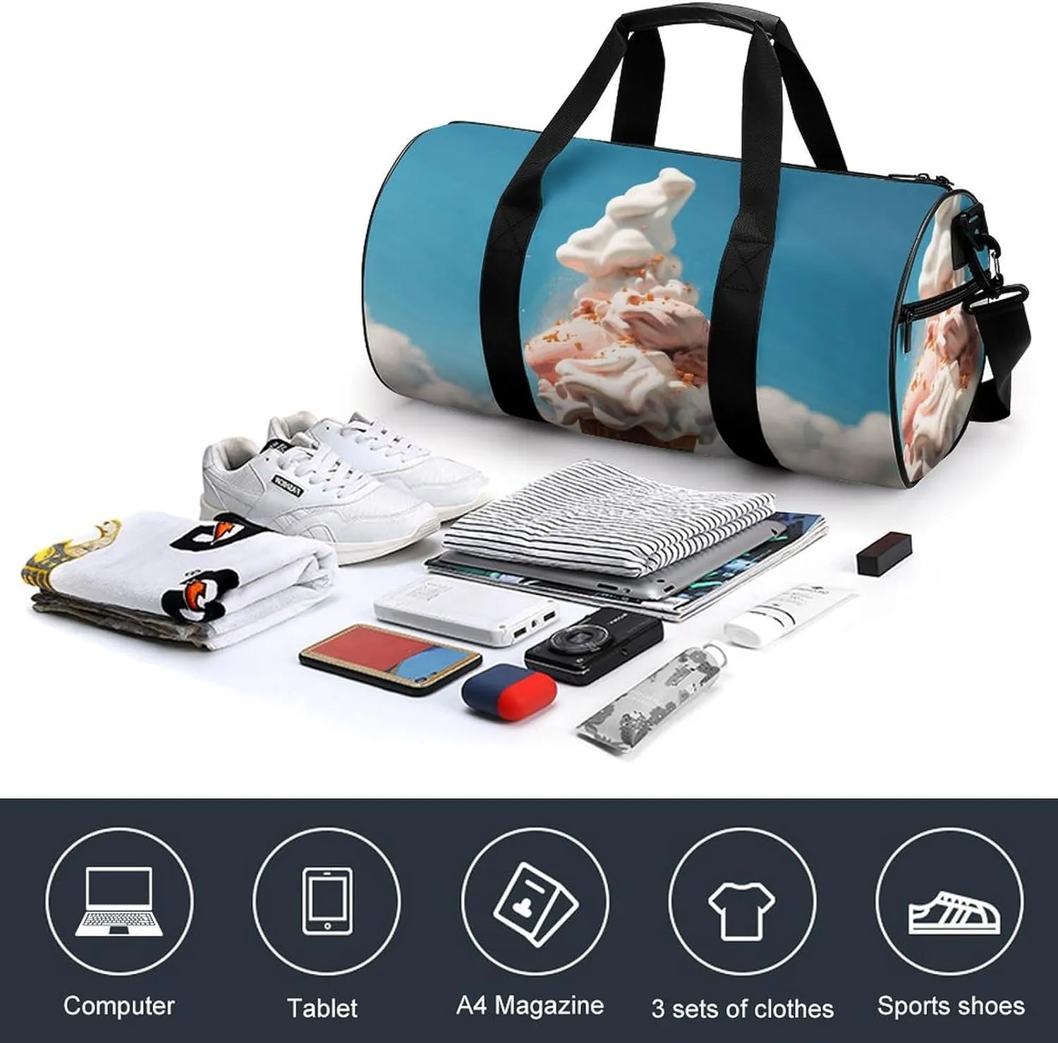 Travel Duffel Bag for Men And Women,Cloudy Ice Cream Waterproof Sports Fitness Bag Portable Travel Duffel Bag