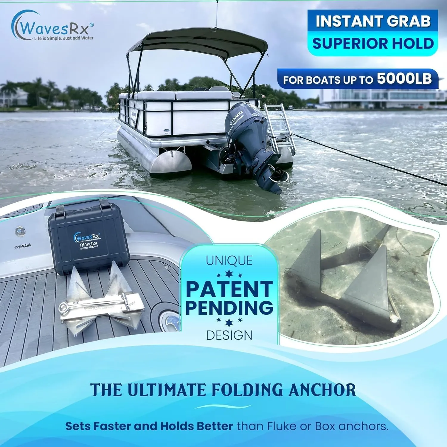 TriAnchor - Stainless Steel Folding PWC & Boat Anchor Kit | Sets Instantly for Effortless Boat & Jet Ski Anchoring | Compact Patent-Pending Design Grips Better Than Plow, Fluke or Box Anchor
