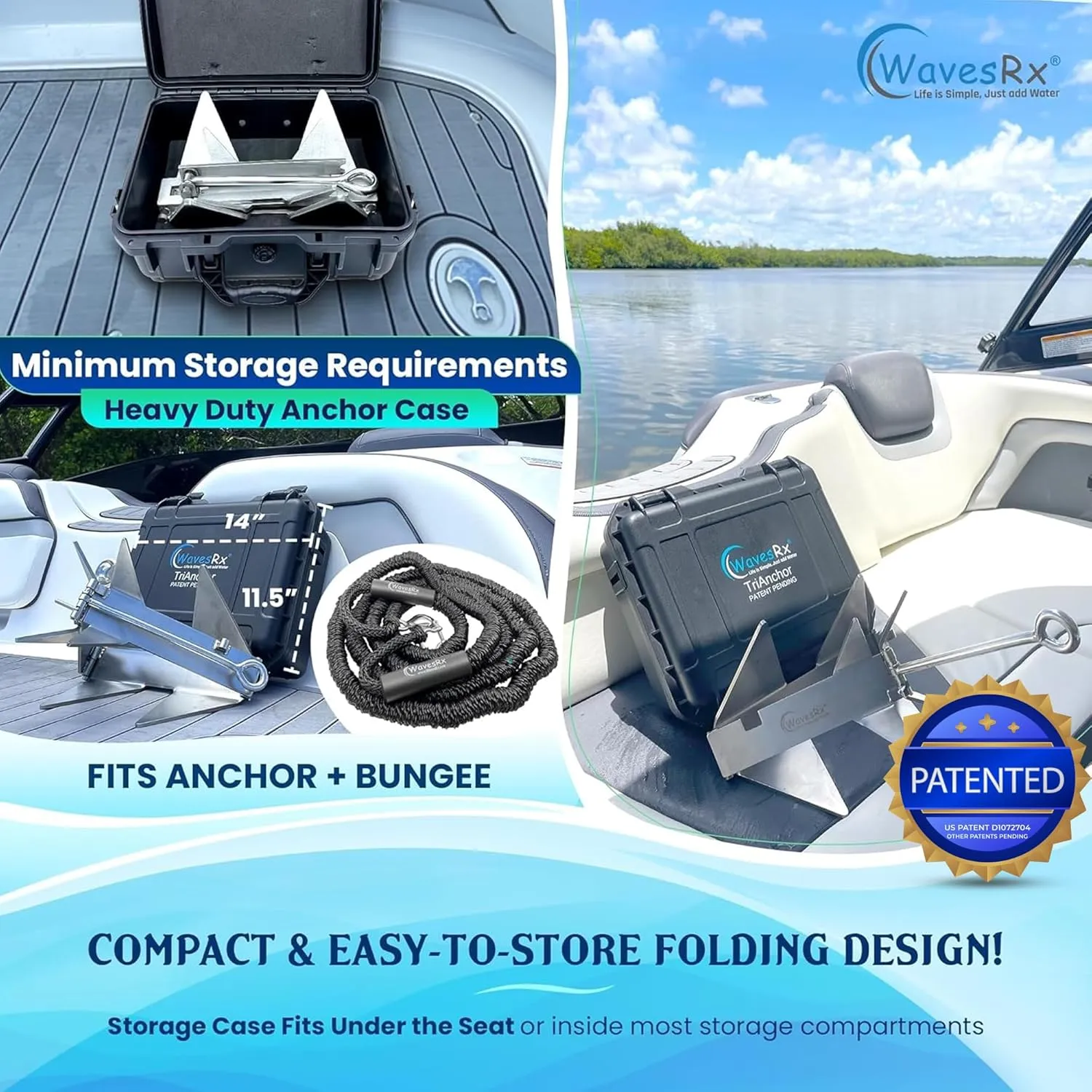 TriAnchor - Stainless Steel Folding PWC & Boat Anchor Kit | Sets Instantly for Effortless Boat & Jet Ski Anchoring | Compact Patent-Pending Design Grips Better Than Plow, Fluke or Box Anchor
