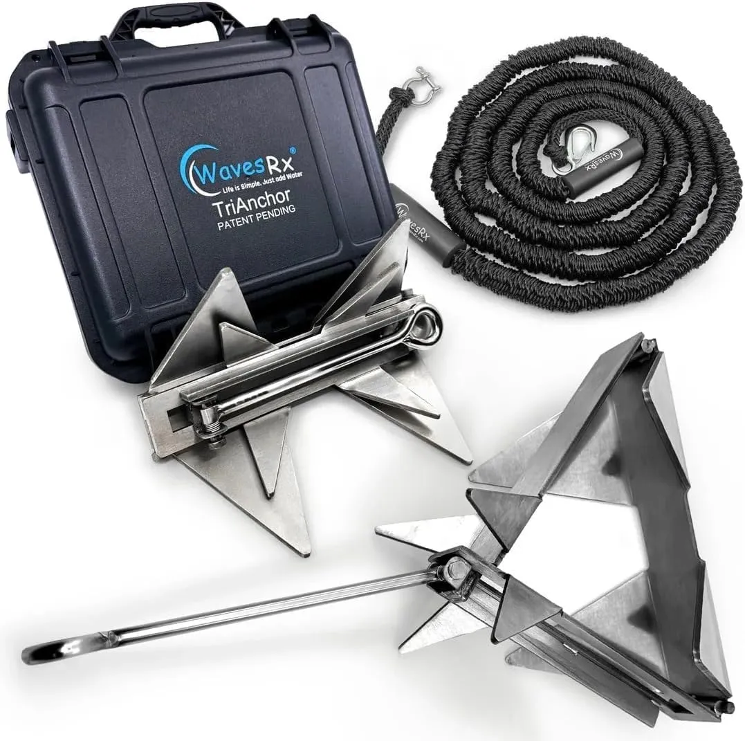 TriAnchor - Stainless Steel Folding PWC & Boat Anchor Kit | Sets Instantly for Effortless Boat & Jet Ski Anchoring | Compact Patent-Pending Design Grips Better Than Plow, Fluke or Box Anchor
