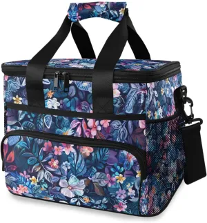 Tropical Flowers Blue Tie Dye Cooler Bag Insulated Cooler Soft Sided Cooler 24 Can Portable Picnic Bag Large Leakproof Lunch Bag Box for Beach Grocery Camping Travel Car Men Women