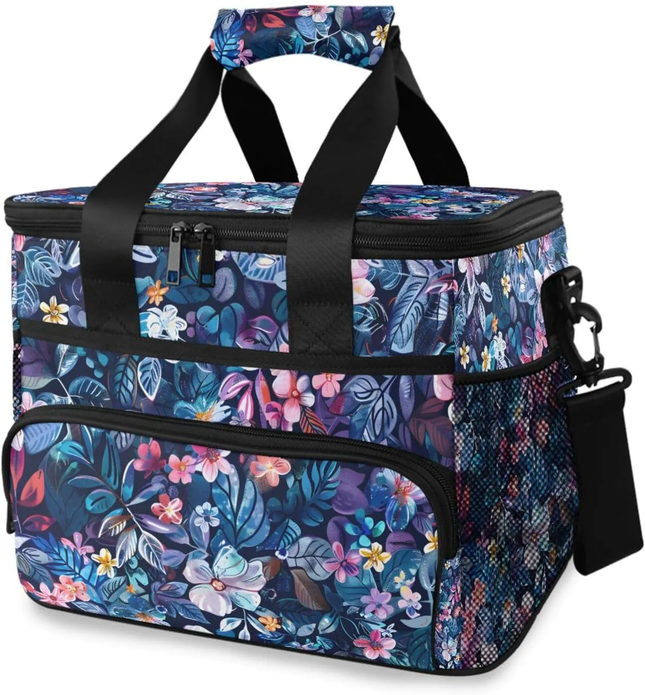 Tropical Flowers Blue Tie Dye Cooler Bag Insulated Cooler Soft Sided Cooler 24 Can Portable Picnic Bag Large Leakproof Lunch Bag Box for Beach Grocery Camping Travel Car Men Women