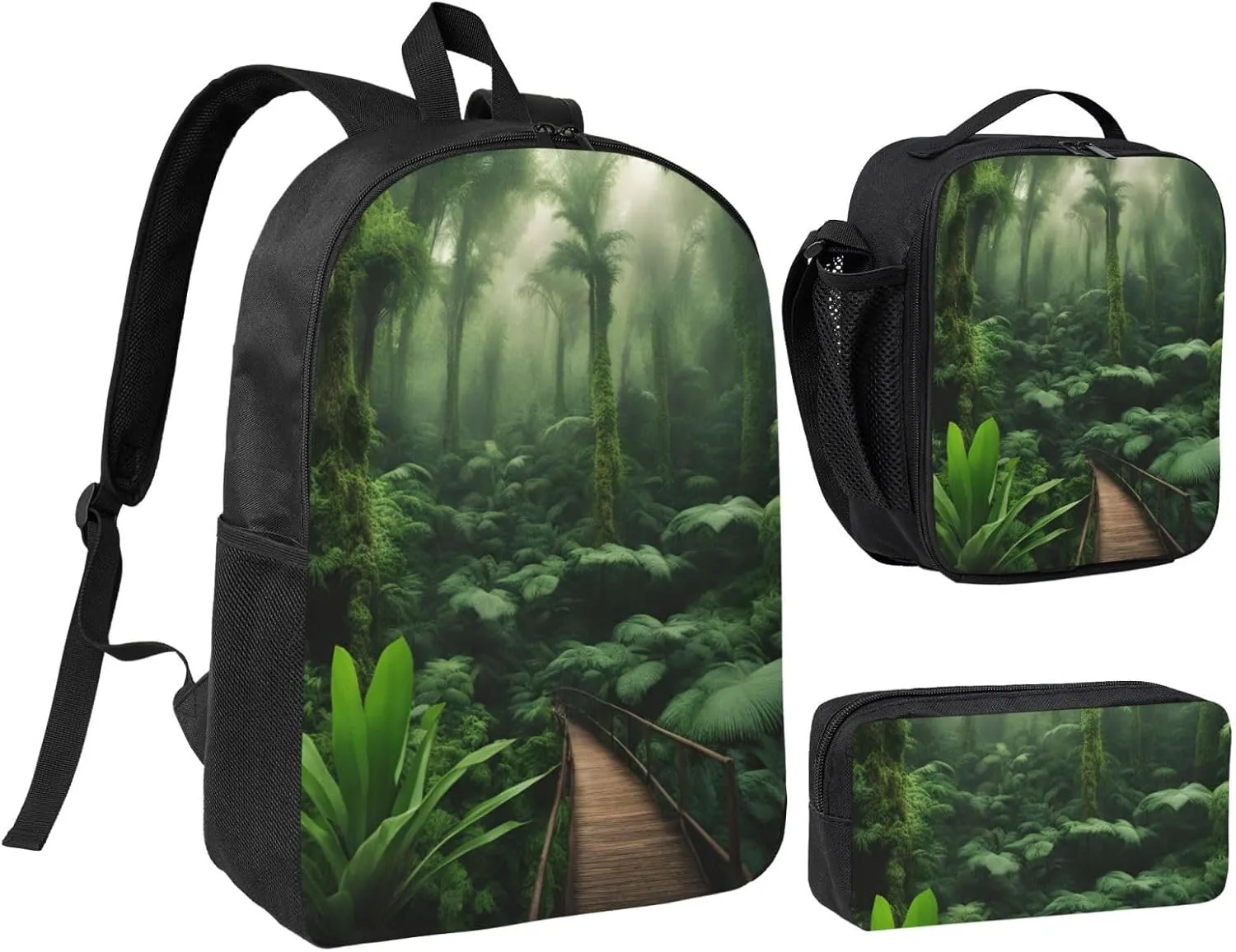Tropical Rainforest print Backpack 3pcs Set Including 17 Inch Large BookBag With Lunch Bag And Practical Pen Bag