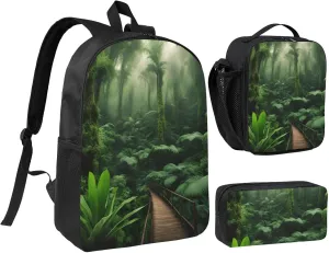 Tropical Rainforest print Backpack 3pcs Set Including 17 Inch Large BookBag With Lunch Bag And Practical Pen Bag