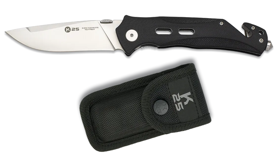 Tungsten folding knife with seat belt cutter and window smasher by K25 knife co