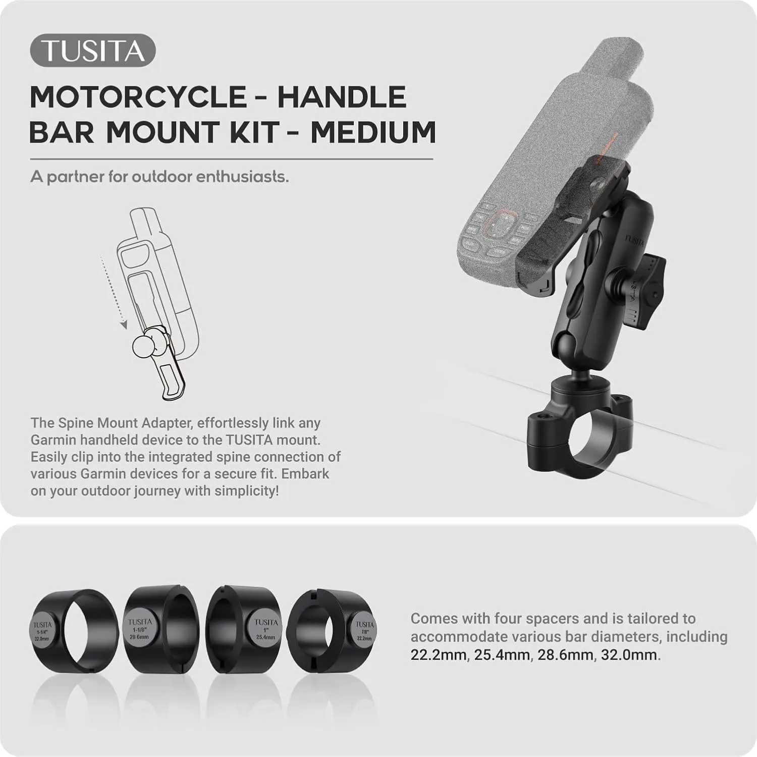 TUSITA Motorcycle GPS Mount - Holder Compatible with Garmin Handheld GPS - Double Socket Arm Medium, Handlebar Base