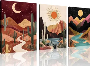 TutuBeer 3 Panels Boho Mountain Wall Art Boho Mountain Art Mid Century Nature Landscapes Painting Colorful Sun Moon Desert Minimalist Boho Mountain Picture for Living Room Bedroom Office 12x16inch