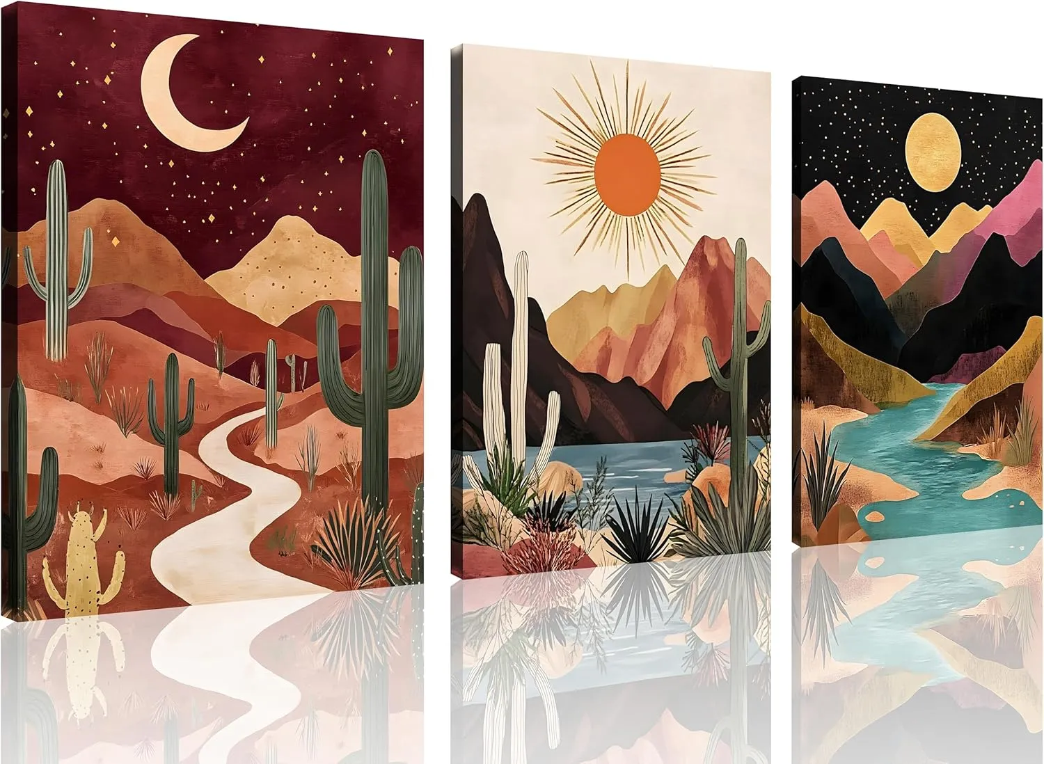 TutuBeer 3 Panels Boho Mountain Wall Art Boho Mountain Art Mid Century Nature Landscapes Painting Colorful Sun Moon Desert Minimalist Boho Mountain Picture for Living Room Bedroom Office 12x16inch