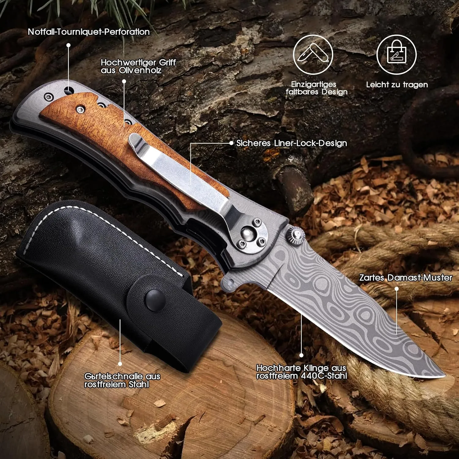 Two-Handed Folding Knife with Thumb Lock System,Permitted to carry,Pocket Knife with Wooden Handle,Outdoor Knife for Camping, Hunting camping tools with storage holster, and Whetstone