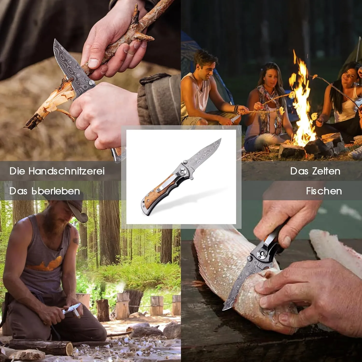 Two-Handed Folding Knife with Thumb Lock System,Permitted to carry,Pocket Knife with Wooden Handle,Outdoor Knife for Camping, Hunting camping tools with storage holster, and Whetstone