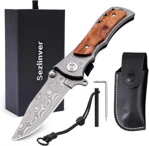 Two-Handed Folding Knife with Thumb Lock System,Permitted to carry,Pocket Knife with Wooden Handle,Outdoor Knife for Camping, Hunting camping tools with storage holster, and Whetstone